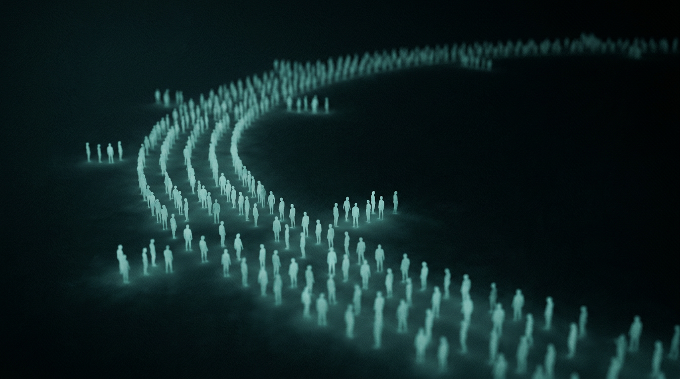 Abstract representation of many small figures receding into darkness, evoking the scale of cyber-trafficking victims.
